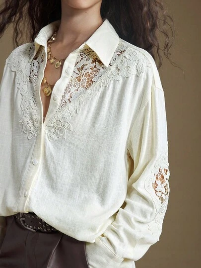 Ontre Blusa de mujer con patchwork de encaje, versátil para todas las estaciones, adecuada para uso casual, de negocios, fiestas, bodas y otras ocasiones