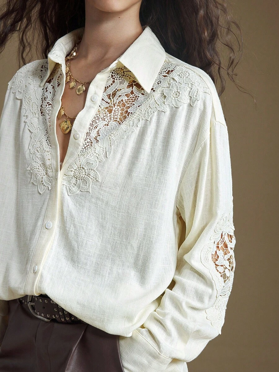 Ontre 2025 New Lace Patchwork Women's Shirt, Versatile For All Seasons, Suitable For Casual, Business, Parties, Weddings And Other Occasions - White - View 1