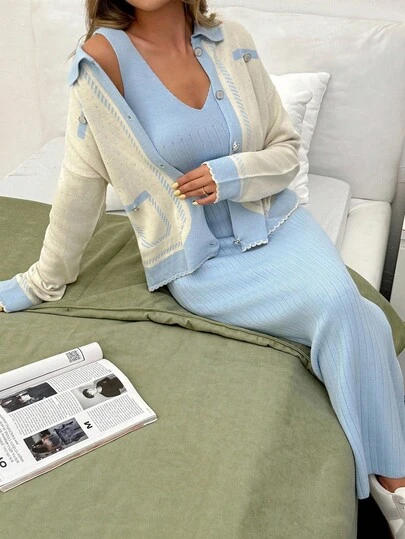 EURMUSE Elegant Two Piece Set Women Knitted Ensemble Featuring A Cream & Powder Blue Cropped Button-Up Jacket With Pocket Details And A Matching Ribbed Bodycon Midi Skirt – A Refined Twist On Cozy Chic 2 Piece Lounge Sets Women Baby Blue Outfit Women Coords Sets Women Comfy Set Two Piece Sweater Set Women,Winter Clothes