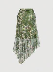 SHEIN MOD Plus Size Women's Waist Ruched Side Tie Asymmetrical Hem Vintage Print A-Line Skirt, Van Gogh Painting Print Green Retro Skirt, Halloween Costume