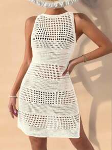 Ladies' Solid Color Simple Daily Sleeveless Cover Up Crochet Dress Summer - Beige - View 4