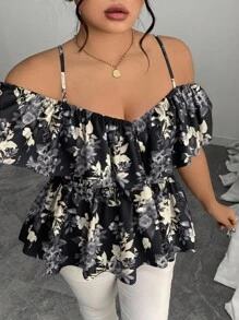 Elenzga Plus Size Elegant Off Shoulder Ruffle Hem A-Line Blouse, Spring/Summer - Black - View 5