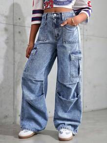 少女Y2K朋克街头风休闲水洗低腰牛仔裤，翻盖口袋褶裥阔腿工装裤，万圣节女孩，圣诞节，秋冬季返校季，秋季，商务休闲女装，秋冬套装，Y2K 2000年代风格，商务休闲女孩，返校季，Y2K牛仔裤，宽松街头牛仔裤，Y2K儿童宽松牛仔裤，少女街头风，少女Y2K牛仔裤 - 中等水洗藍 - 查看 3
