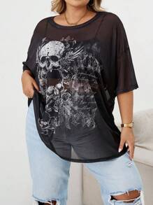 SHEIN CURVE+ 加大码夏季圆领短袖骷髅印花透明简约衬衫，适合女士休闲日常万圣节秋季服装、冬季、CURVE PLUS