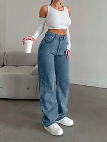EURMUSE Snow Wash Straight Leg Jeans High Rise ,Petite Women - Blue - View 6
