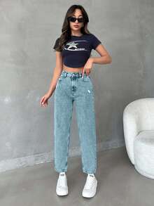 EURMUSE 女式高腰锥形休闲百搭牛仔裤 - 淺藍色 - 查看 3