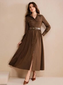 Anewsta French Retro Long Sleeve Belted Long Shirt Dress - Coffee - View 3
