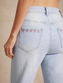 High Rise Bow Embroidered Cuff Slim Straight Denim Jeans Summer Vacation Country Concert - Light Wash - View 5