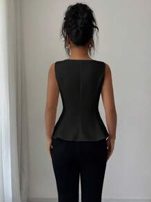 Elenzga Women's Elegant Square Neck Sleeveless Blouse With Front Slit, Suitable For Office, Commute, Afternoon Tea, Party, Vacation, Casual Wear, Spring/Summer - Black - View 2