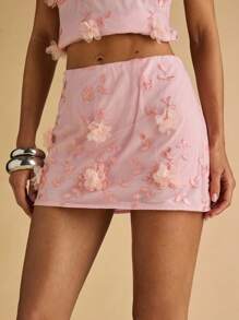 SHEIN BAE Women's Summer Textured Floral A-Line Skirt,Pink Skirts,Women's Summer Short Skirts, Women's Sexy Club Wear, Women's Concert Wear,Holiday Beach Skirt,Loral Embroidery Decorative Skirt - Pink - View 7