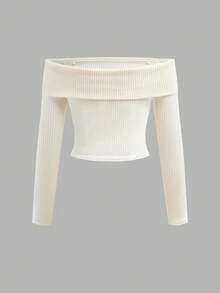 SHEIN 少女纯白色罗纹针织露肩长袖短款上衣T恤，休闲日常穿着，秋冬季，可与妈妈亲子装搭配，时尚秋季款 - 白色 - 查看 3