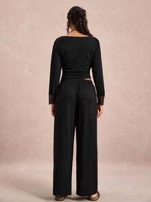 SHEIN VCAY Ensemble 2 pièces femme grande taille, Top plissé à manches longues de couleur unie et pantalon large, tenue décontractée - Noir - Voir 2