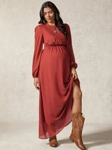 Boho Mama Maternity Solid Color Round Neck Lantern Sleeve Casual Dress - Red - View 4