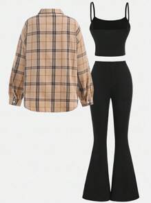 Girlism 少女三件套：卡其色格子长袖衬衫、黑色吊带短款上衣、喇叭裤、休闲运动校园装 - 卡其色 - 查看 2