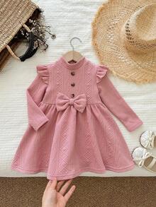 LMoss Kids LMoss Baby Girl Pink Autumn Cute Sweet Birthday Dress,Solid Knit Round Neck Ruffle Hem Long Sleeve Textured Warm Outfit For Christmas Spring Winter - Pink - View 8