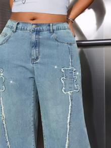 Jeanoix Quần jean ống rộng rộng rãi, thoải mái, sờn rách, đính đá Rhinestone cỡ lớn - Màu xanh lam - Xem 5