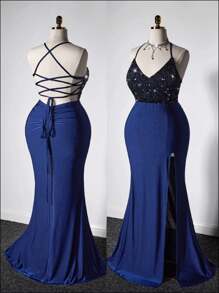 Viva Relle 大码女装 女士优雅亮片拼布露背缎面高腰连衣裙、宴会礼服、女士晚礼服 舞会礼服 女士正式舞会礼服 女士优雅连衣裙 女士舞会礼服 - 藍色 - 查看 1