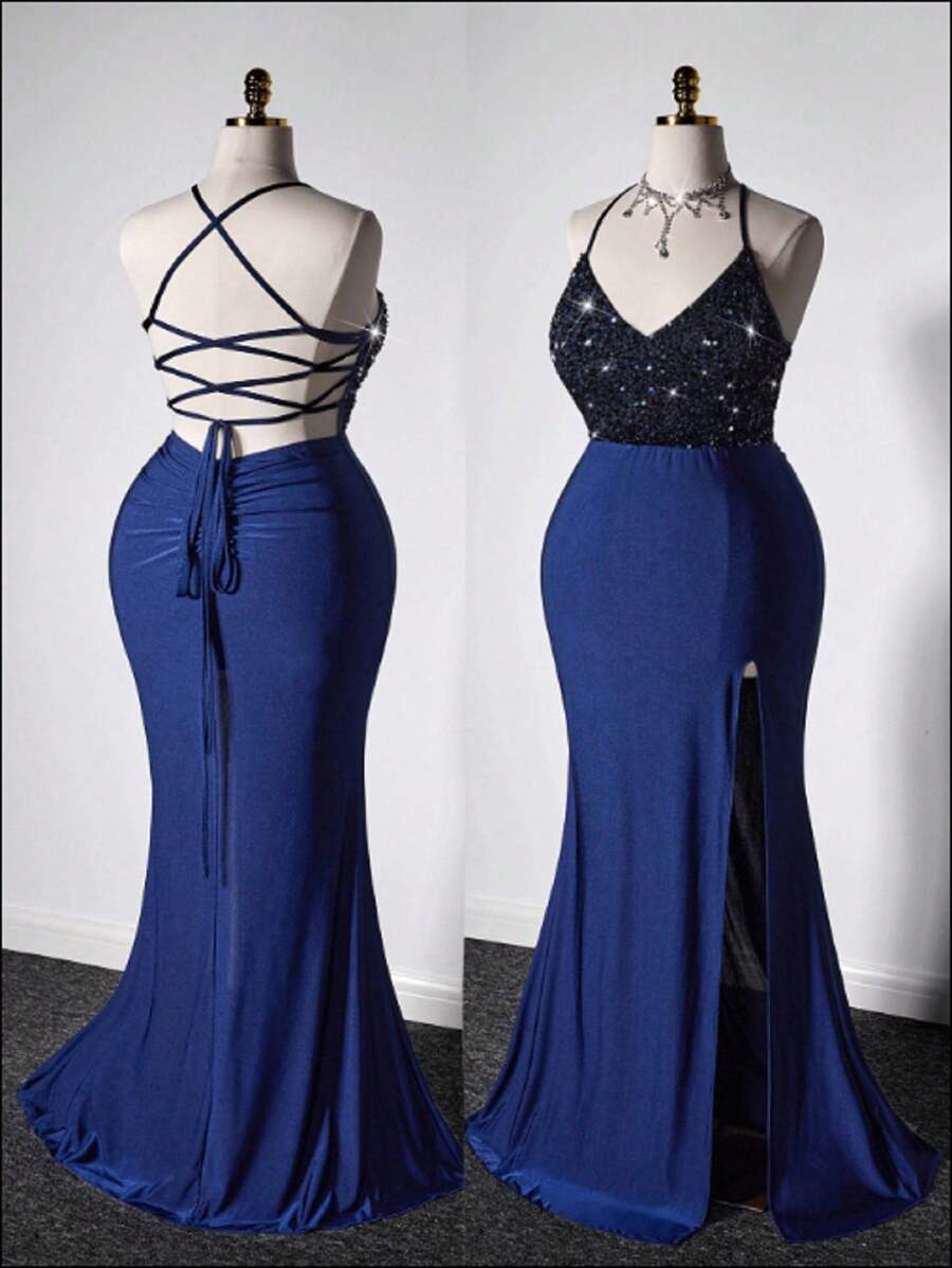 Viva Relle 大码女装 女士优雅亮片拼布露背缎面高腰连衣裙、宴会礼服、女士晚礼服 舞会礼服 女士正式舞会礼服 女士优雅连衣裙 女士舞会礼服 - 藍色 - 查看 1