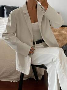 Livesso Women's Solid Color Loose Casual Blazer Business Attire - Beige - View 6