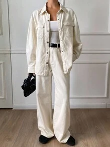 Livesso Women's Casual Denim Set With Collar, Pockets, Loose Fit Top And Pants Fall/Winter