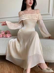 Modelyn Women's Glossy Fabric Double-Layer Asymmetric Neck Long Sleeve Dress, Autumn