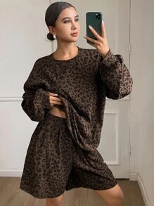 Livesso Bộ đồ mặc nhà mùa Thu/Đông mới, kiểu dáng rộng rãi, thoải mái, họa tiết da báo màu nâu dành cho nữ. - màu nâu - Xem 4