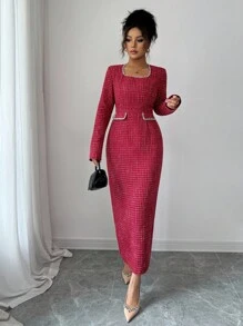 Elenzga Damen Patchwork Saum Schlitz Bleistiftrock, tailliertes Design, langes elegantes vintage minimalistisches Kleid, geeignet für Ausflüge, Dates, Alltag, Teegesellschaften, Herbst/Winter - Bordeaux - Übersicht 5