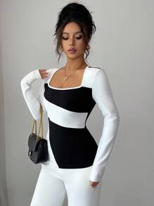 Elenzga Women's Knitted Snake Rib Fabric Square Collar Color Block Design Casual Elegant T-Shirt, Suitable For Commuting, Home, And Daily Wear In Autumn Fall Cloth For Women