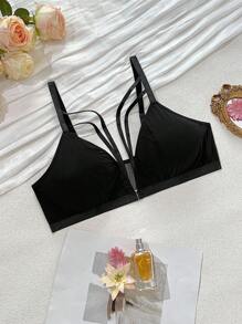 Plus Size Women Front Closure Deep V-Neck Lace Splicing Romantic Lingerie Bra - Black - View 5