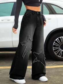 Women's Pocket Star Frayed Hem Wide Leg Loose Jeans - Black - View 3