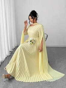 Elenzga Halloween Plus Size Women's New Long Sleeve Fitted Pleated Dress, Romantic & Elegant Fall Cloth For Women - Yellow - View 5