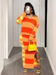 BamGleam 女式休闲条纹宽松上衣和条纹开衩下摆裙套装 - 香檳色 - 查看 5