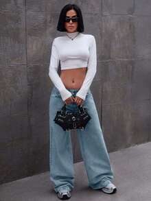 EURMUSE 蝴蝶结低腰阔腿牛仔裤 - 淺藍色 - 查看 4