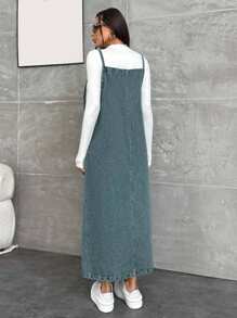 EURMUSE WOMEN LONG DENIM DRESS POCKET DETAILED - Teal Blue - View 2