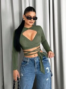 Sirith 女式纯色长袖系带镂空短款性感修身衬衫 - 墨綠色 - 查看 3