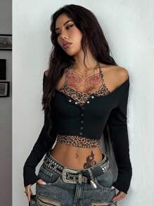 Coolane 女士基本款系带吊带背心短款假两件 T 恤 - 彩色 - 查看 5