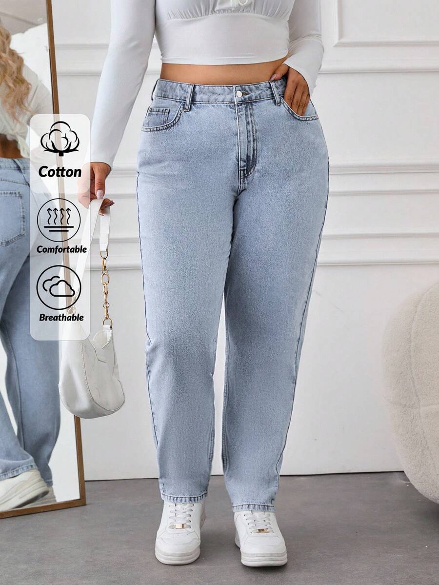 SHEIN Cottnline 100% Baumwolle Plus hohe Taille Mom Fit Jeans - Helle Waschung - Übersicht 1