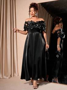 Cravure Christmas Plus Size Women's Off Shoulder Long Dress, 3D Floral Mesh Satin Shiny Extra Long Party Gown - Black - View 7