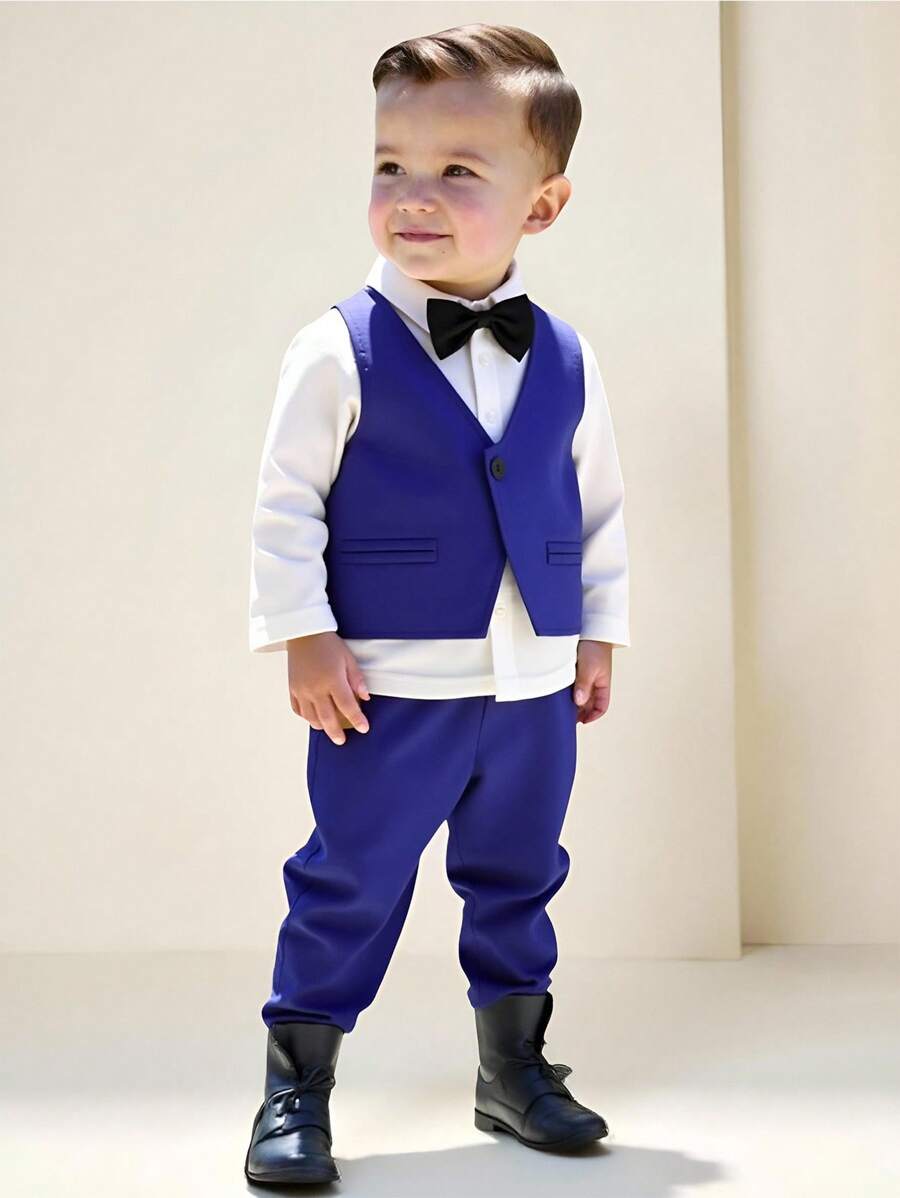 SHEIN 3 peças/Conjunto Roupa Formal de Gentleman para Bebê Menino - Inclui Camisa de Manga Longa com Gravata Borboleta, Colete de Abotoamento Simples e Calça Casual com Elástico na Cintura e Bolsos, Adequado para Casamentos, Convidados de Casamento, Dia das Mães, Volta às Aulas - Multicolorido - Visão 1