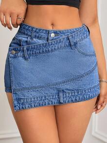 SHEIN ICON 女士时尚不对称设计牛仔短裙 - 中等水洗藍 - 查看 4