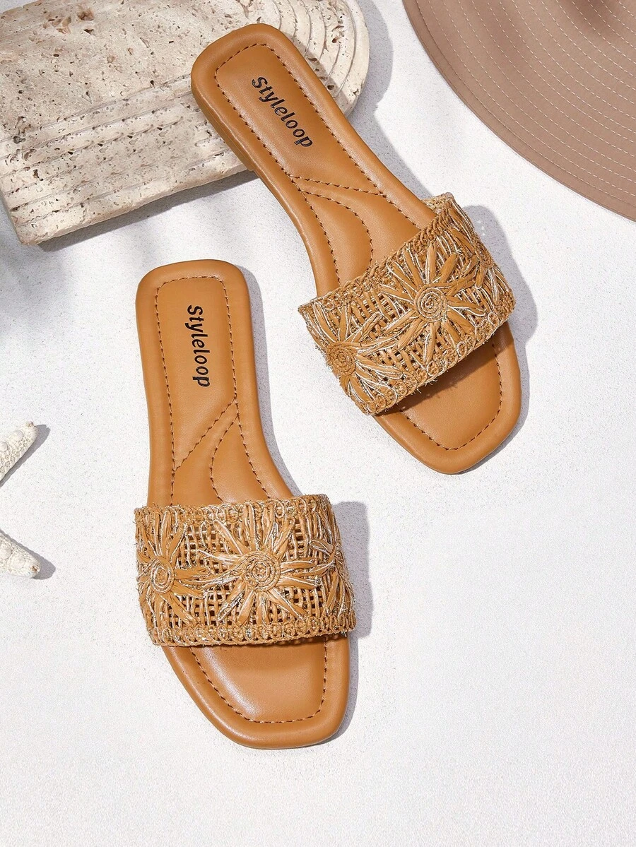 Styleloop Women's Flat Woven Sandals, Bohemian Style For Vacation Outfits - Camel - View 1