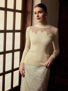 ZEYLAH Lace Embroidered Patchwork Knit Base Layer Top, Autumn/Winter - White - View 3