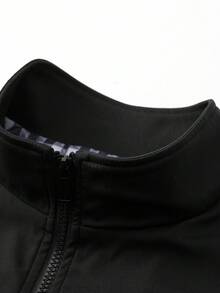 Manfinity Homme Men Plus Size Minimalist Printed Zip-Up Long Sleeve Jacket,Fall - Black - View 3