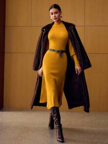 MOTF PREMIUM 罗纹针织A字形毛衣裙 - 芥末黃 - 查看 6