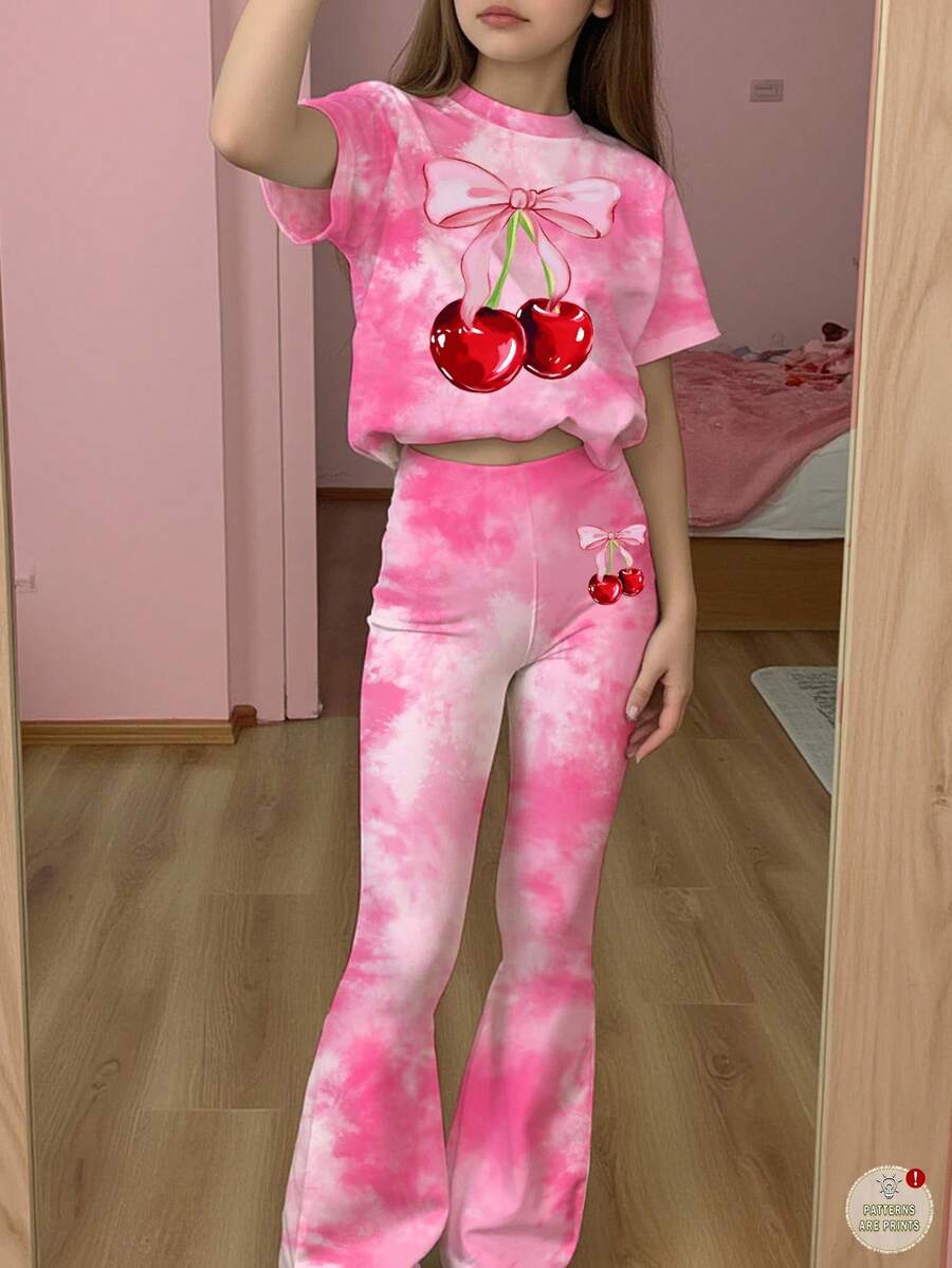 SHEIN Leap Crew 青少年女孩休闲可爱甜美蝴蝶结和樱桃扎染短袖上衣和长裤两件套,适合夏季返校、节日服装、卡哇伊、女孩服装套装、青少年女孩服装、女孩服装、儿童、返校、返校节、校服、休闲、针线活 - 彩色 - 查看 1