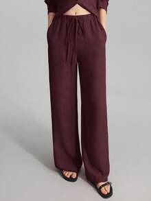 Ontre 2025 Women's 2 Pieces Outfit, Casual Daily Wear, Home Clothes, Beach Vacation Outfit, Long Pants + Long Sleeve Shirt Set, Brunch Outfit, Music Festival Set, Elegant Party Business Casual Suit, Summer - Burgundy - View 3