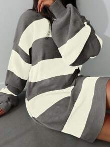 Women's Striped Sweater Dress With Drop Shoulder - Grey - View 5