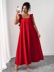 SHEIN PETITE Váy maxi cổ vuông không tay viền bèo màu trơn thanh lịch dành cho nữ cỡ lớn mùa Giáng sinh, mùa hè - Đỏ - Xem 8