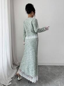 Modelyn Bộ 2 món thanh lịch dành cho nữ: Áo dài tay viền ren phong cách Pháp và chân váy midi - màu xanh lá - Xem 2