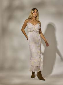 Aralina Váy maxi đuôi cá xếp nếp họa tiết hoa nhiều lớp, dây mảnh xẻ tà, dáng đuôi cá, dáng suông, dáng dài dự tiệc cưới mùa hè cho nữ - Bụi tím - Xem 8